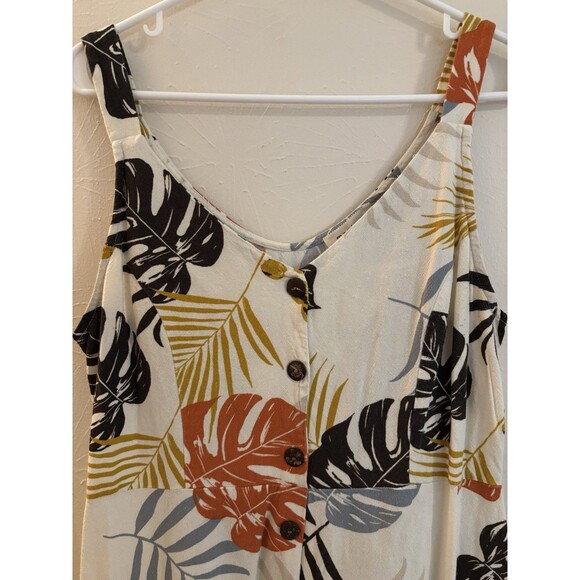 Monteau Linen Dress Large Tropical Leaves White Rust Vacation Cruise Resort - Picture 3 of 5